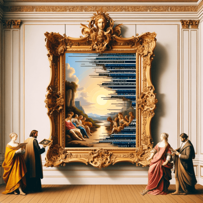 rappresenta un quadro barcoco con la corncie dorata anch'essa barocco, ma il dipinto è realizzato a metà, l'altra metà è composta da linee di codice come fosse un errore 404. il quadro èì dentro una sla museale rappresenta un quadro barcoco con la corncie dorata anch'essa barocco, ma il dipinto è realizzato a metà, l'altra metà è composta da linee di codice come fosse un errore 404. il quadro èì dentro una sla museale